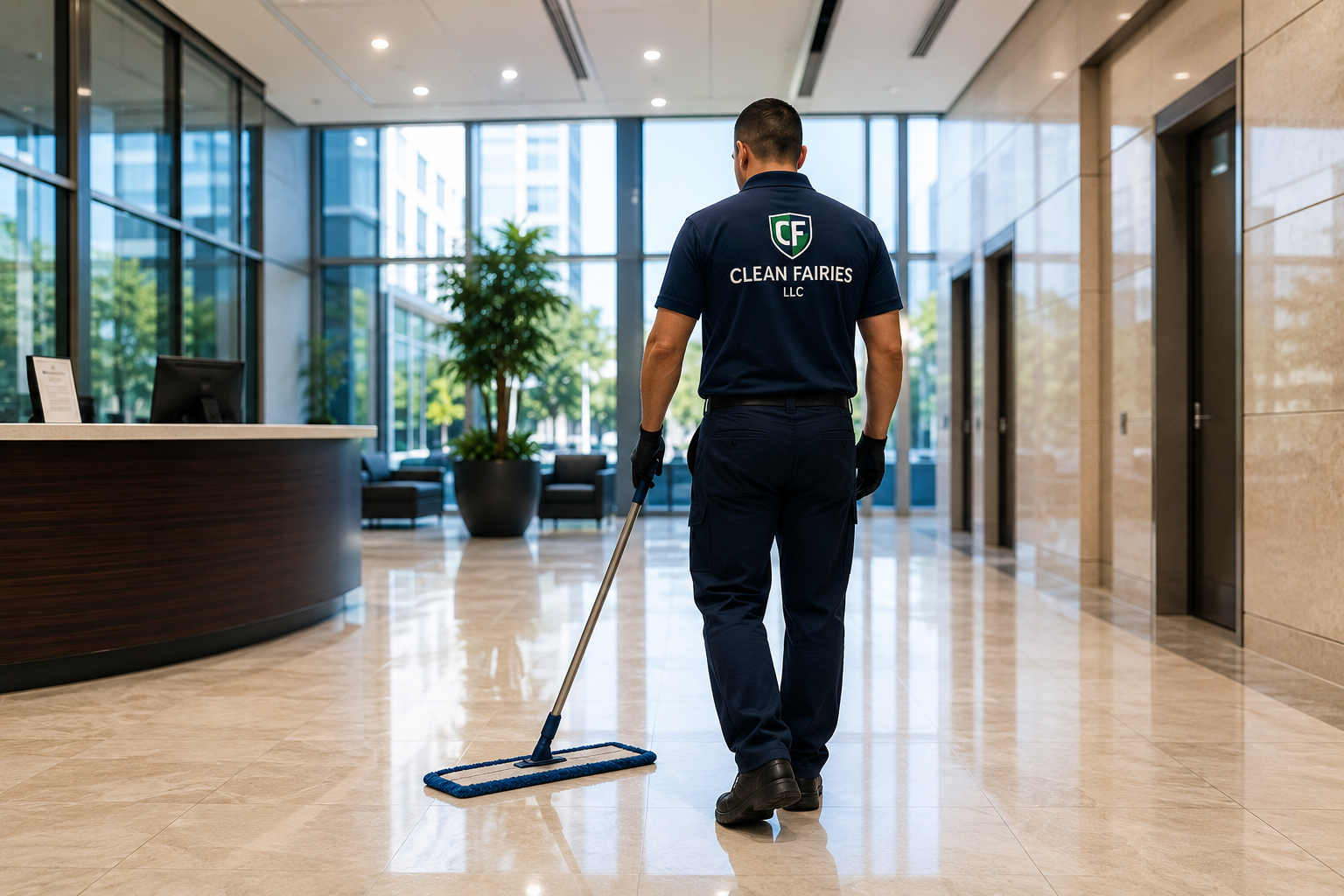 Clean Fairies technician cleaning a polished commercial lobby floor