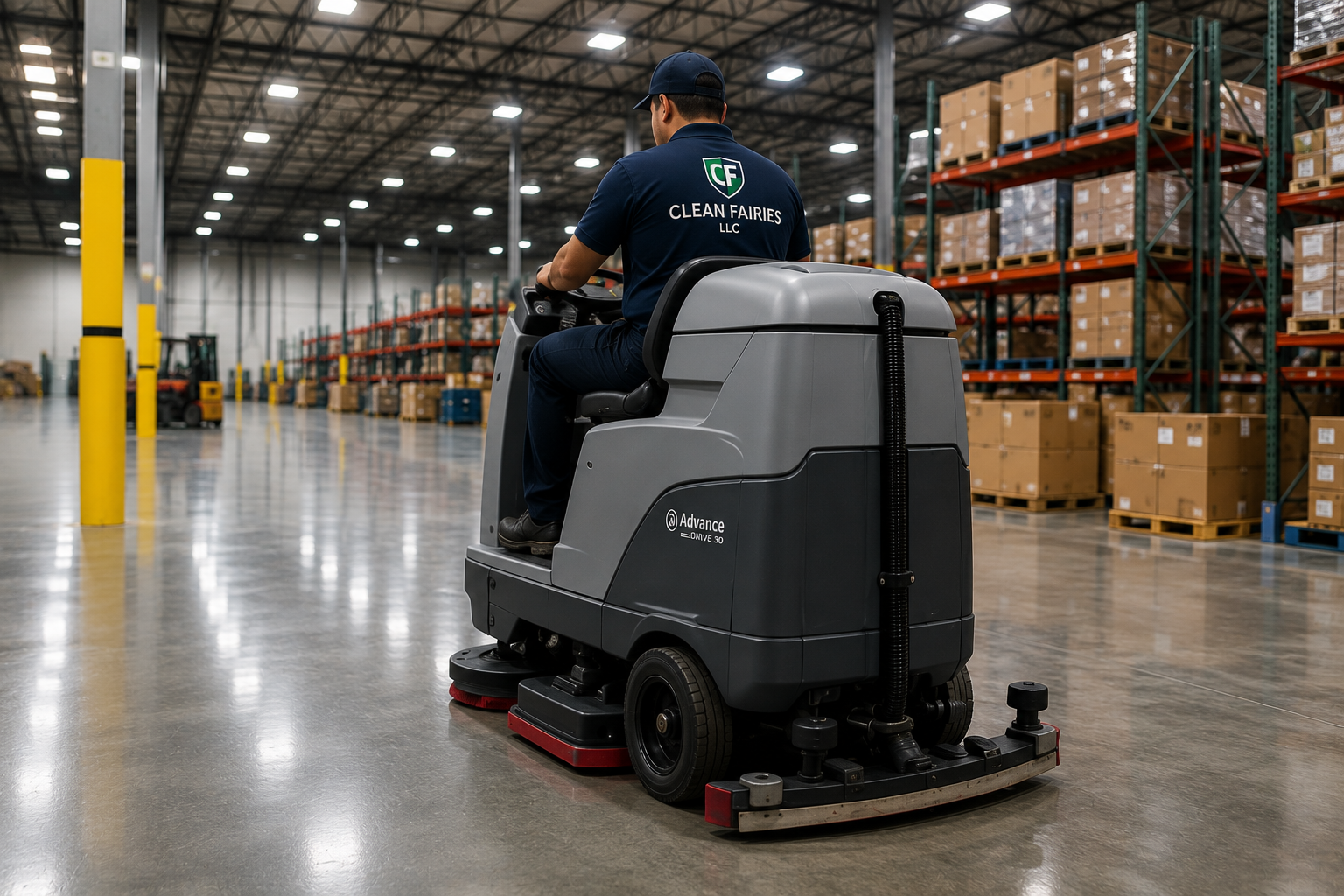 Warehouse floor cleaning with ride-on scrubber